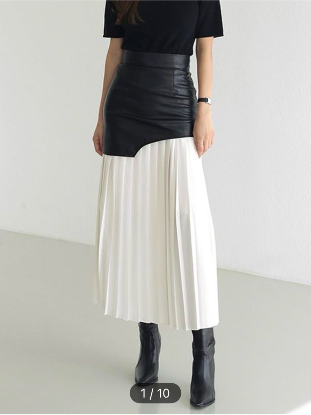 Commense Black and White Asymmetrical Pleated Maxi Skirt
